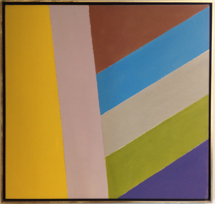 Abstract with broad swaths of pastel colours: yellow, beige, blue, brown, green, royal blue.