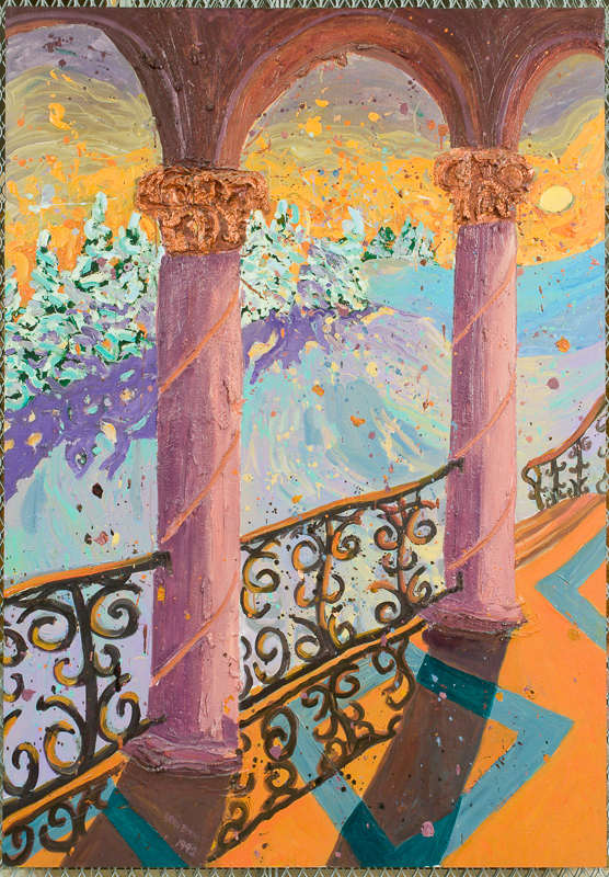 View of a classical balcony, the sun in the upper right corner.