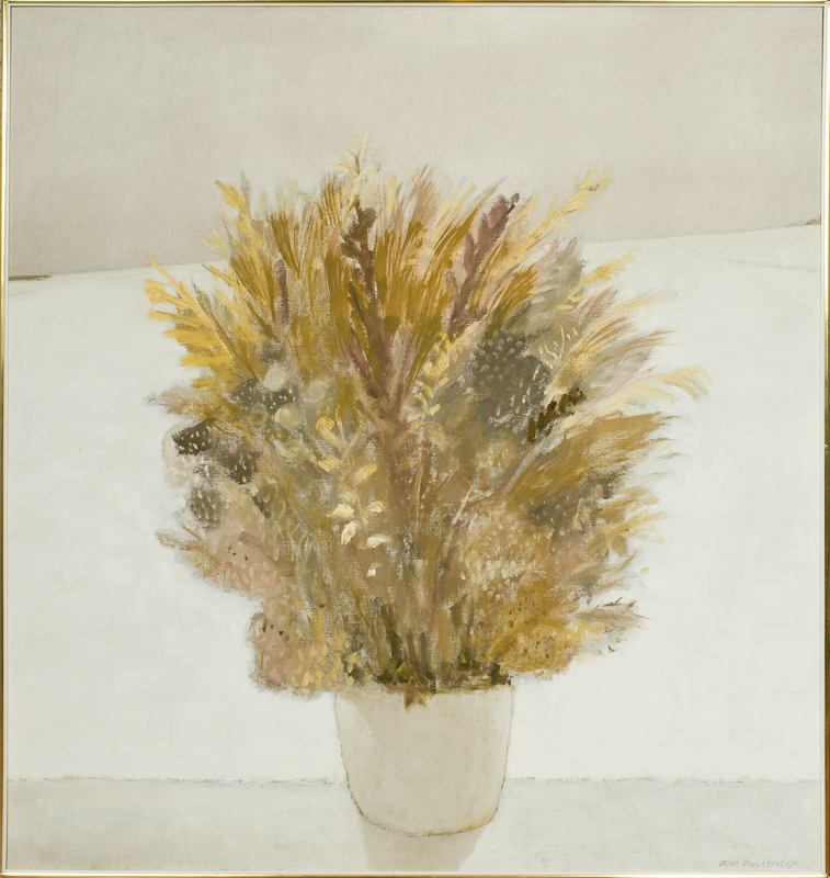 Still life of brown floral arrangement in a white vase.