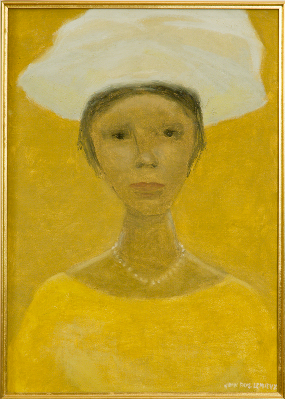 Woman in yellow and a white hat against a yellow background.