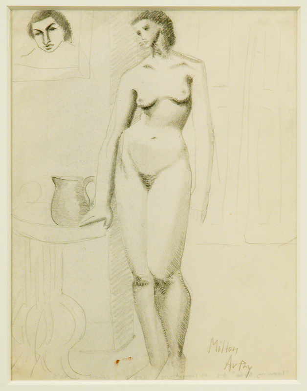 Sketch of a standing nude woman standing beside a short pedestal with a bust on it.