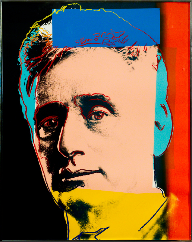 Silkscreen portrait with rectangles of colour.