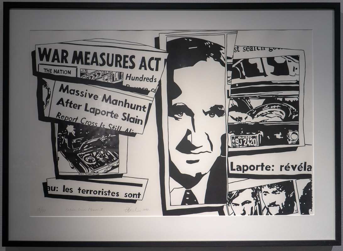 Black and white reproduction of headlines and other media images related to the October Crisis.