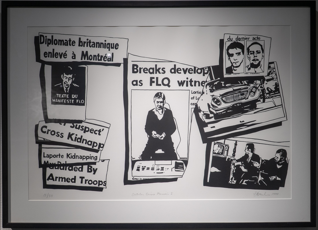 Black and white reproduction of headlines and other media images related to the October Crisis.