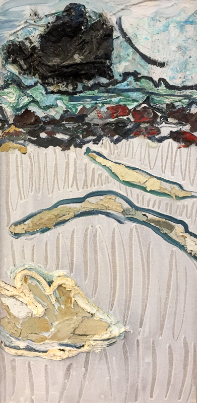 Expressive painting of a cross section of the landscape; includes some bushy trees and soil stratifications.