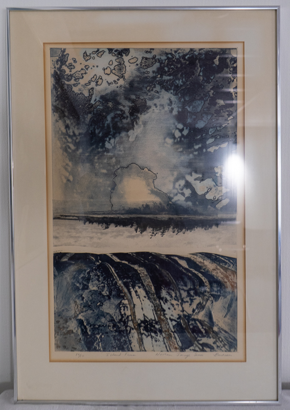 Print with images from northern lakes abstracted out into graphical elements.