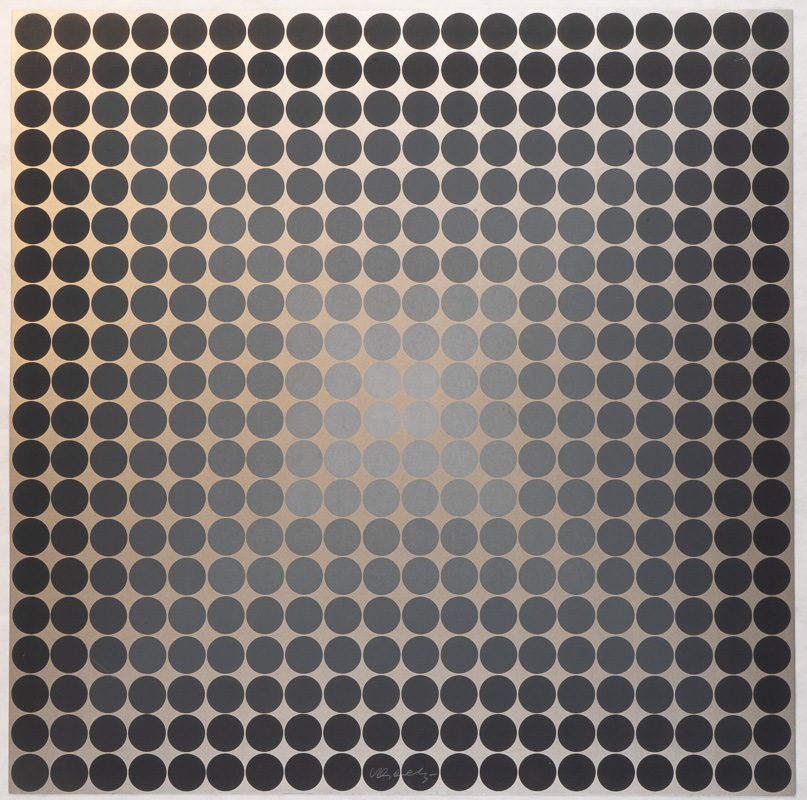 A square print in black and tan consisting of regular small circles. The composition gives the appearance of fluidity and movement, and the illusion of a flared star..