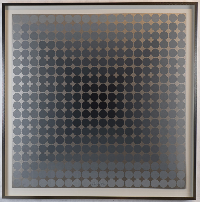 A square print in greys and blacks consisting of regular small circles. The composition gives the appearance of fluidity and movement.