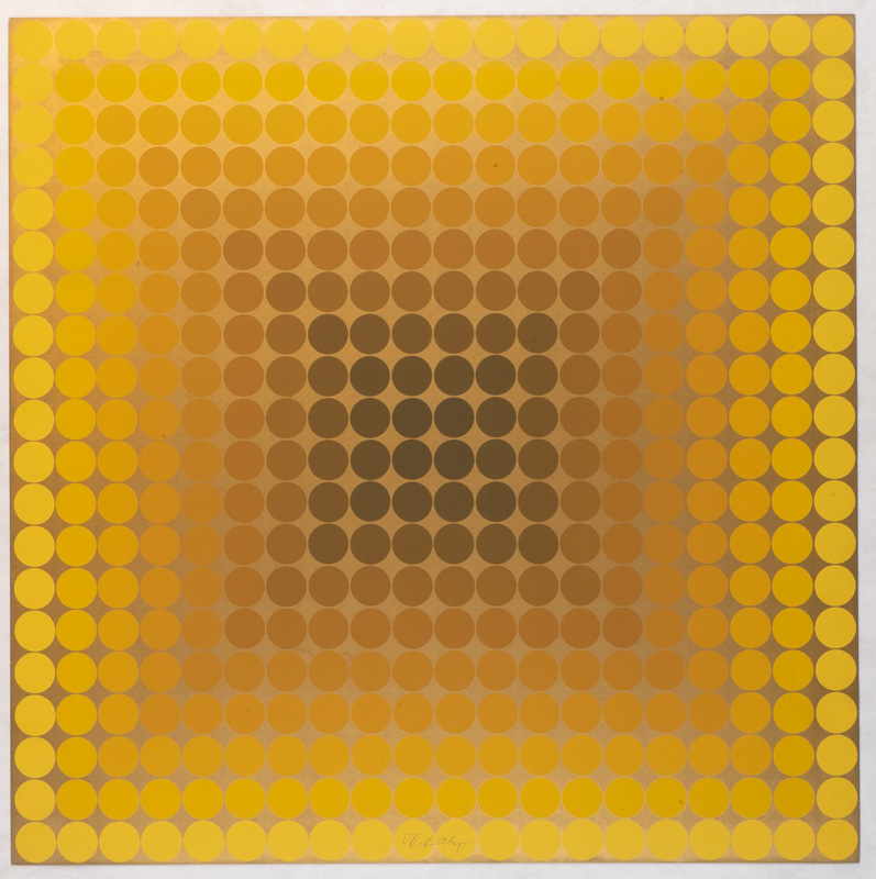 A square print in yellows and oranges consisting of regular small circles. The composition gives the appearance of fluidity and movement.