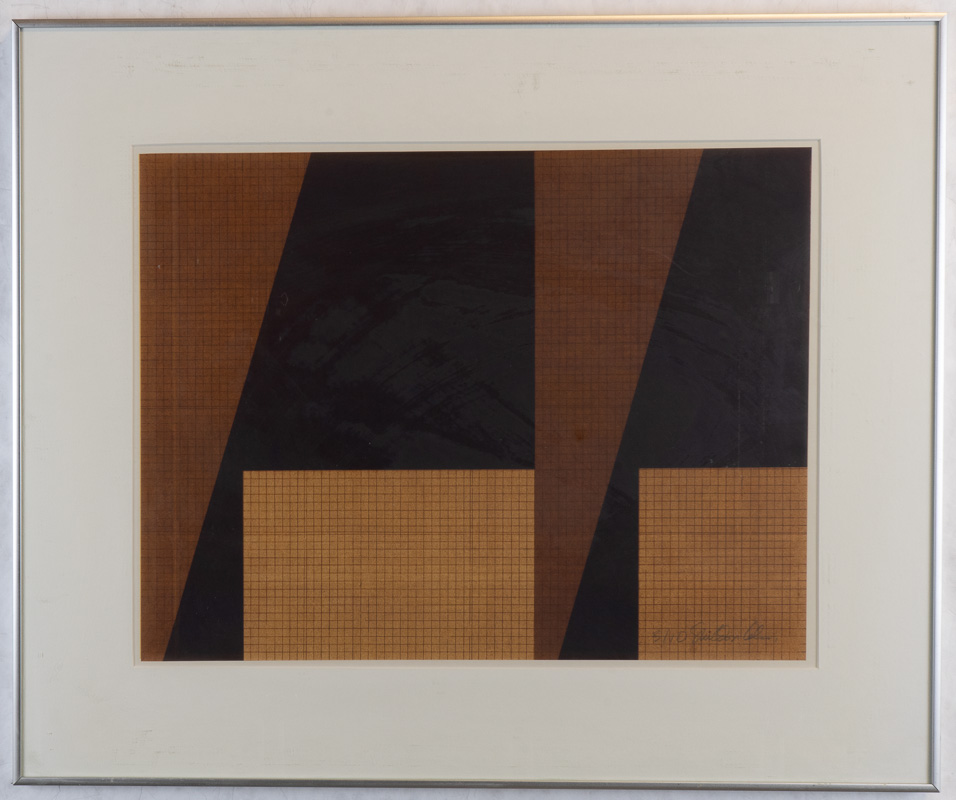 An abstract painting in brown and tan with a small grid and larger geometric shapes aligned to said grid.