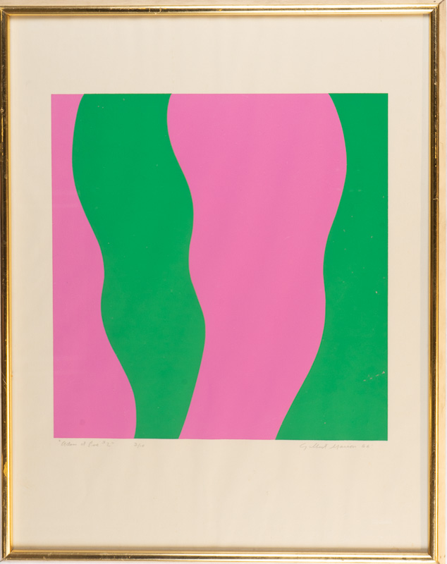 Pink and green print of four undulating vertical fields.