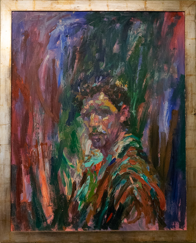 Impressionistic portrait in a flurry of coloured paint daubs. 
