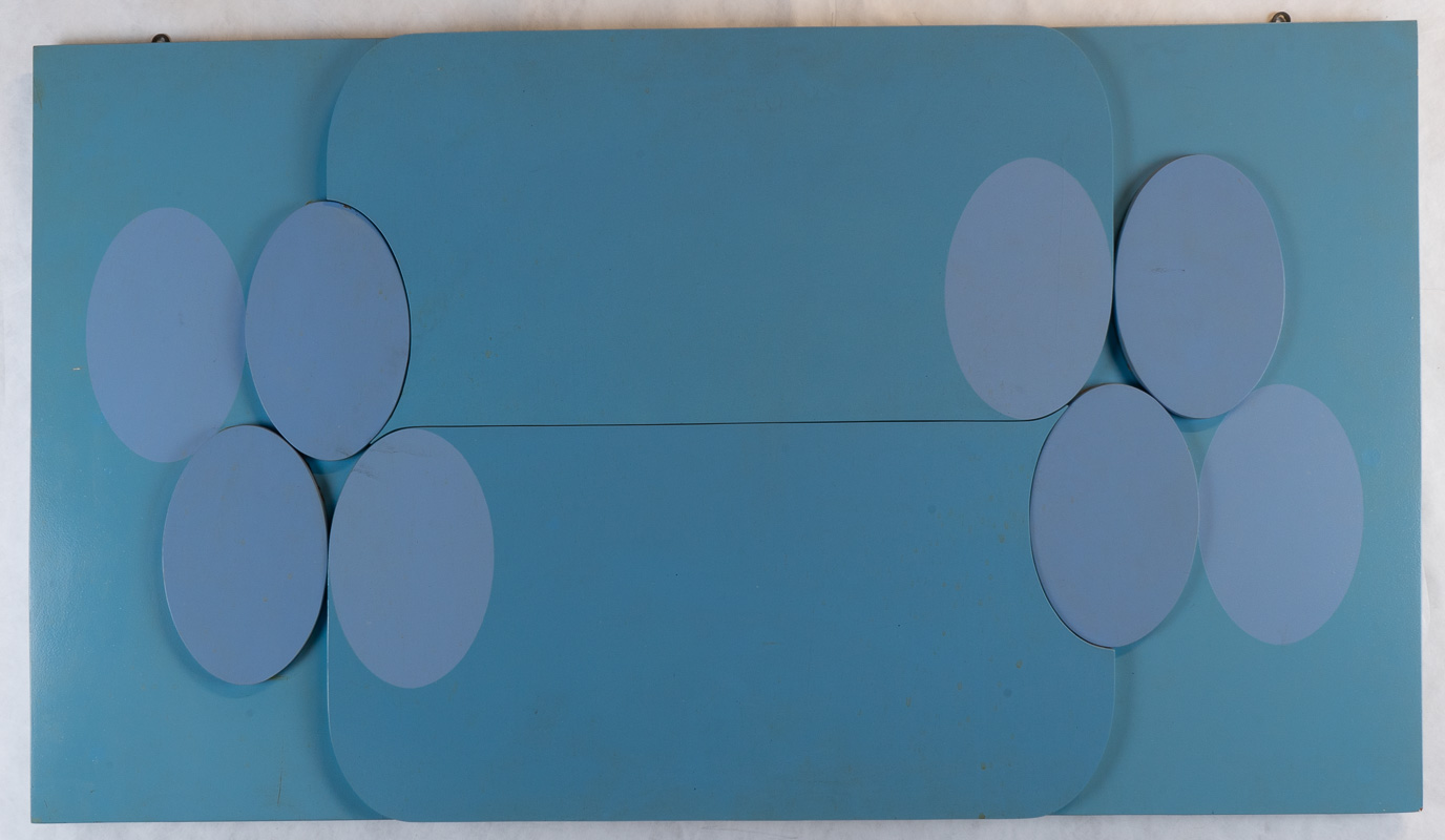 Bas relief with ovals and rounded rectangles, all in muted blues.