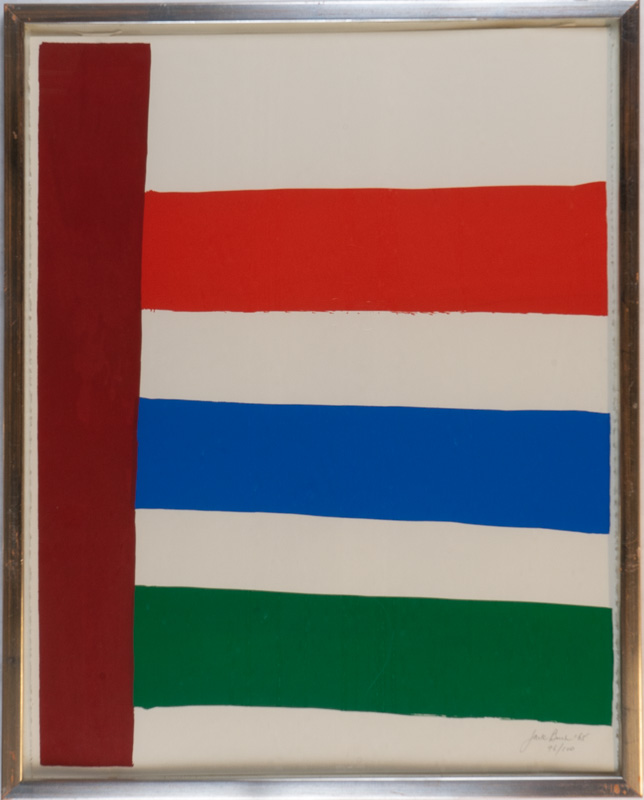 Vertical line on left in burgundy; three horizontal stripes attached in orange, blue, green.