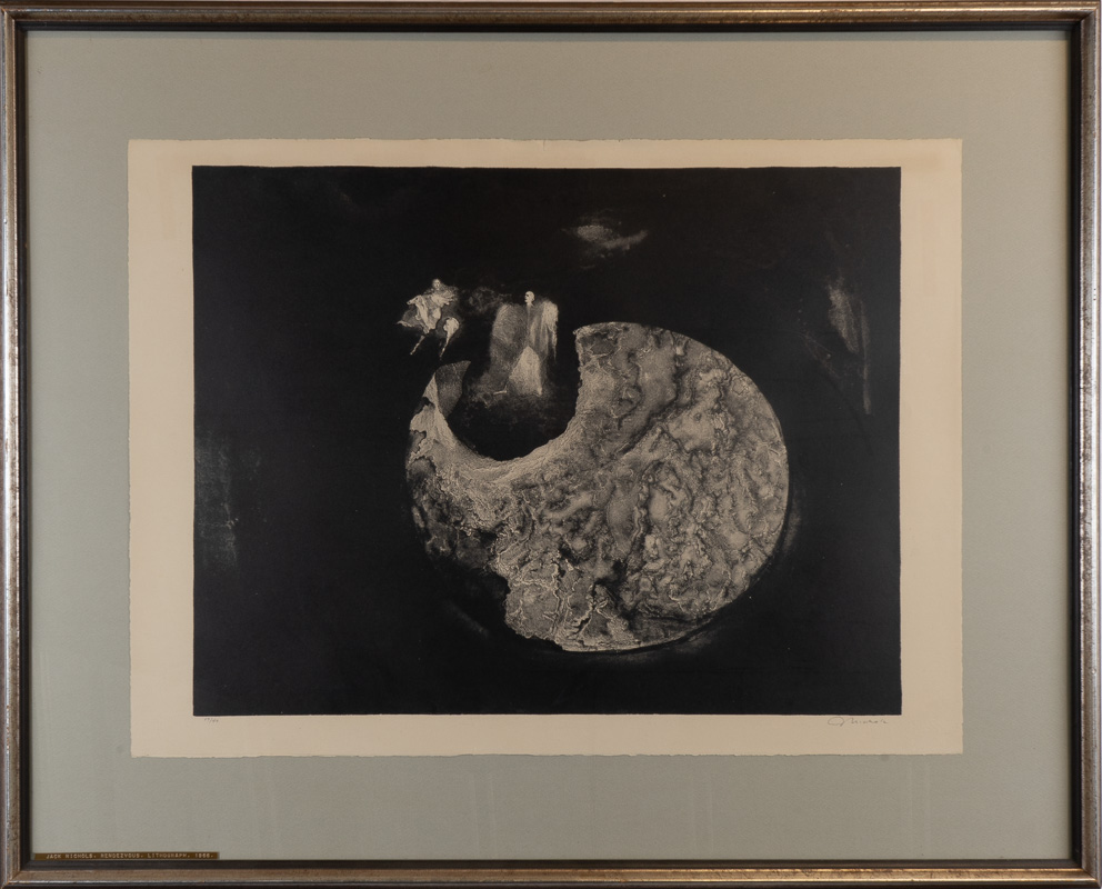 Black and white print of two elegant figures emerging from a sphere.