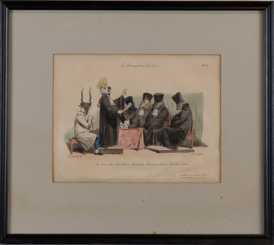 Coloured print of animals in a court-like setting.