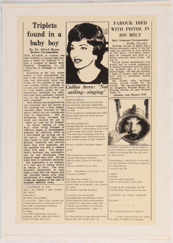 Repro of a broadside with news items about Maria Callas and triplets.