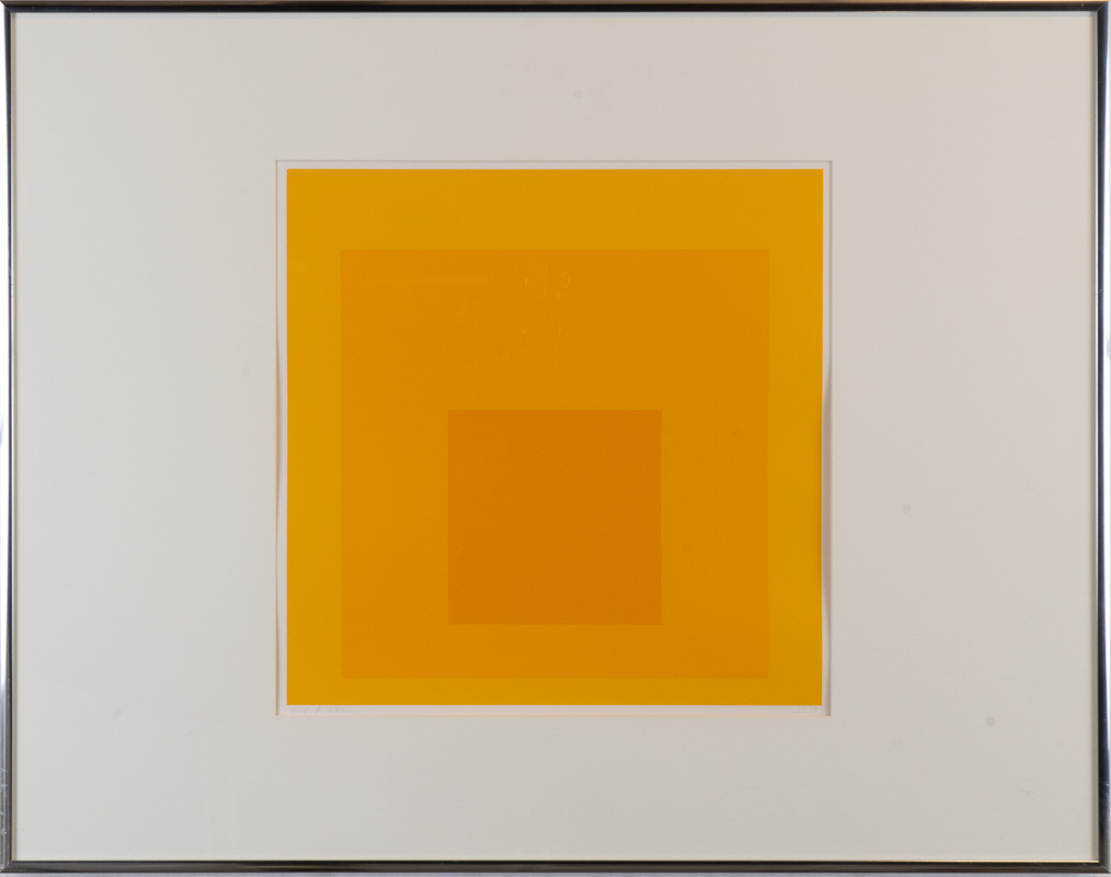 Concentric squares, weighted towards the bottom, with visual interactions between the colours. Primarily yellow and orange.