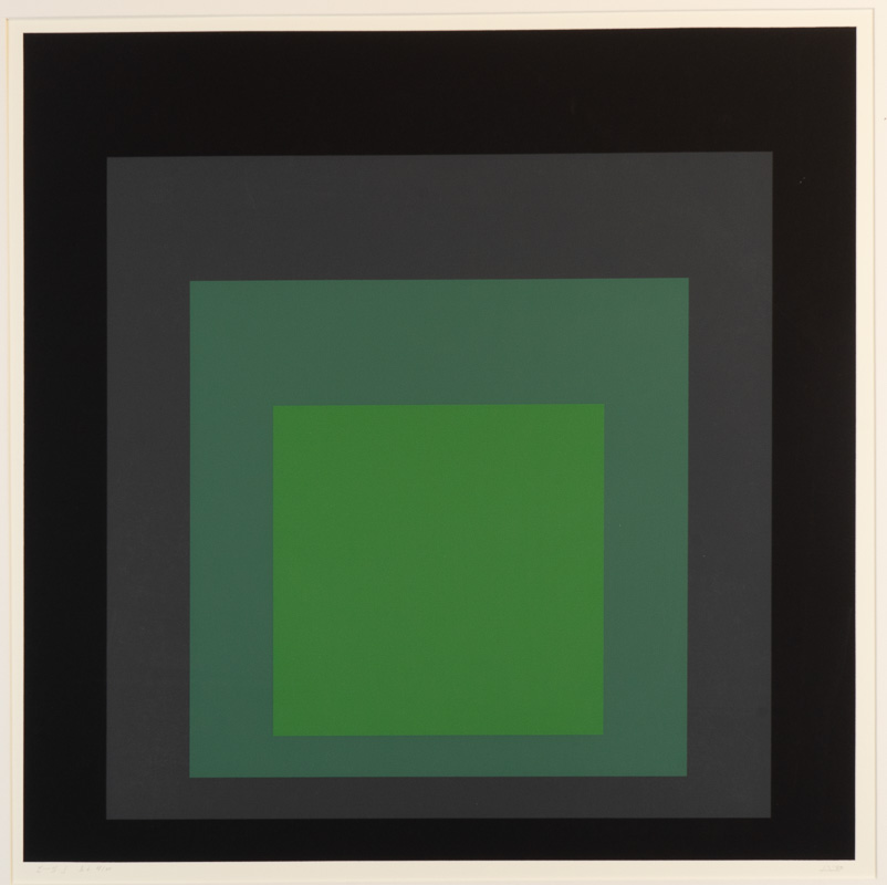 Concentric squares, weighted towards the bottom, with visual interactions between the colours. Primarily green and grey.