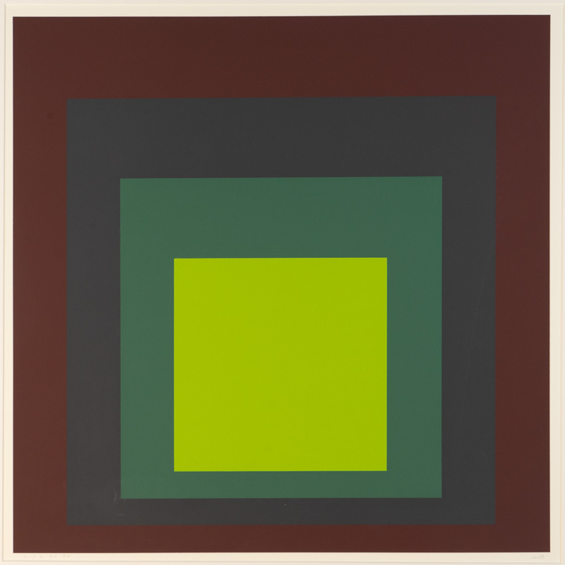 Concentric squares, weighted towards the bottom, with visual interactions between the colours. Primarily blue and green.