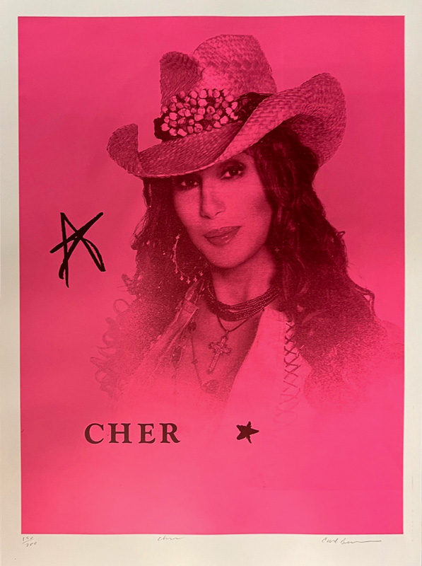 Portriat of Cher in magenta.