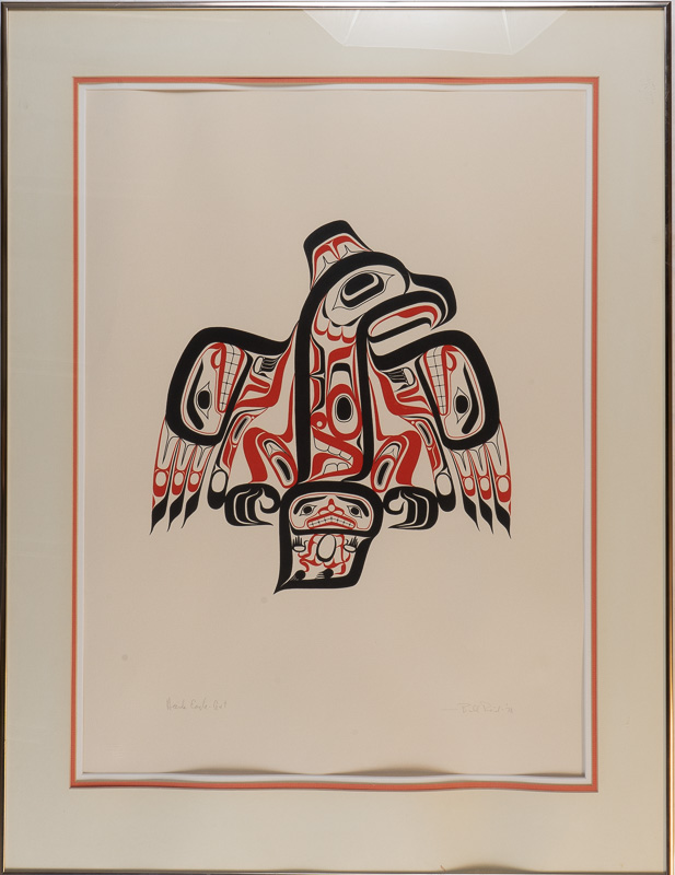 Coast Salish formline design in red and black of an Eagle. 