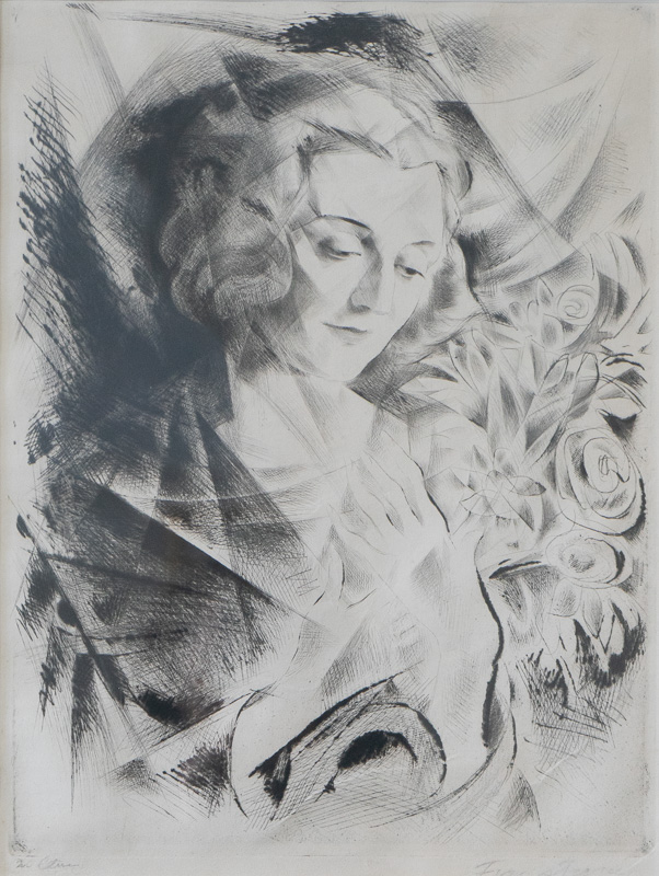 Black and white print of a woman holding a bouquet.